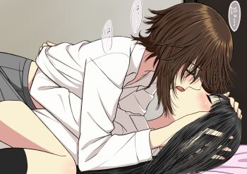 2girls absurdres black_hair blush brown_hair closed_eyes collared_shirt commentary_request french_kiss grey_skirt hand_in_another's_hair highres kiss long_hair multiple_girls on_bed original pleated_skirt ryuusa school_uniform shirt short_hair skirt speech_bubble straddling tongue tongue_out translation_request white_shirt yuri