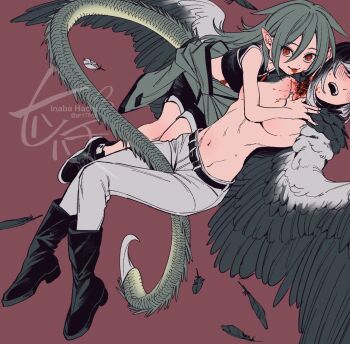 2girls blood feathered_wings gr178rg green_hair monster_girl multiple_girls original pants pointy_ears red_eyes topless_female wings