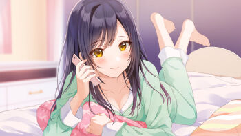 1girl bed blush breasts cellphone cleavage commentary_request feet green_pajamas holding holding_phone holding_pillow indoors long_hair lying on_bed on_stomach original pajamas phone pillow sleepwear smartphone talking_on_phone yatomi
