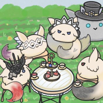 Rule 34 | arlecchino (genshin impact), cake, cake slice, columbina (genshin impact), cup, dodoco (genshin impact), food, genshin impact, grass, icirno0909, macaron, no humans, peruere (genshin impact), sandrone (genshin impact), signora (genshin impact), table, teacup