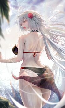 Rule 34 | 1girl, ahoge, ass, beach, bikini, black bikini, black sarong, breasts, commentary request, fate/grand order, fate (series), flower, from behind, hair flower, hair ornament, highres, jeanne d'arc alter (fate), large breasts, long hair, ocean, penguintake, sarong, sky, solo, swimsuit, thighs, very long hair, white hair, yellow eyes