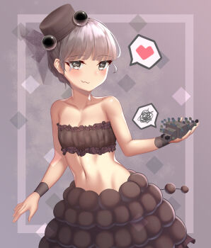 1girl bandeau bare_shoulders blush collarbone creature_and_personification destinyplayer1 flat_chest frilled_bandeau grey_bandeau grey_eyes grey_hair grey_hat grey_skirt hat heart highres looking_at_viewer midriff minecraft mob_talker navel personification short_hair silverfish_(at2.) silverfish_(minecraft) skirt solo spoken_heart strapless