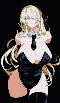 1girl 5oh5s2 absurdres alternate_breast_size_(larger) arms_behind_back black_background black_leotard black_necktie black_thighhighs blonde_hair breasts cleavage closed_mouth curvy cynthia_(pokemon) detached_collar grey_eyes hair_ornament hair_over_one_eye highres huge_breasts leotard long_hair necktie nintendo pokemon pokemon_dppt short_necktie skindentation solo thighhighs thighs very_long_hair