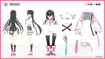 1girl black_hair black_shorts black_socks boots charon_universe closed_mouth crop_top crop_top_overhang from_behind from_side full_body goggles highleg highres jacket kneehighs long_hair looking_at_viewer miharu_(charon_universe) multicolored_hair official_art red_eyes red_hair reference_sheet scottie_(phantom2) see-through_clothes see-through_jacket short_shorts shorts smile socks streaked_hair thighs two-tone_hair very_long_hair virtual_youtuber white_boots