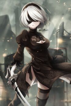 1girl 2b_(nier:automata) arms_at_sides black_dress black_hairband black_thighhighs blindfold blurry blurry_background breasts cleavage cleavage_cutout clothing_cutout commentary commission cowboy_shot dress facing_viewer fighting_stance floating_hair hairband highres holding holding_sword holding_weapon juliet_sleeves katana large_breasts light_particles long_sleeves medium_dress mole mole_under_mouth nier:automata nier_(series) outdoors parted_lips puffy_sleeves seru_(cell_495) short_hair side_slit skeb_commission solo sword thighhighs twitter_username weapon white_hair