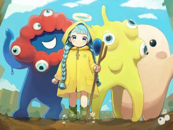 1girl blue_eyes blue_hair boots cane character_request cloud cloudy_sky expo2025 green_boots halo heart highres jubilee_2025 luce_(jubilee_2025) mascot monster myaku-myaku raincoat rosary signature sky yuen_(butterchain)