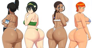 4girls absurdres ass avatar:_the_last_airbender avatar_legends bare_shoulders ben_10 bikini black_hair blue_eyes blush breasts brown_hair coldarsenal dark-skinned_female dark_skin from_behind green_eyes gwen_tennyson highres huge_ass katara korra large_breasts long_hair looking_at_viewer looking_away looking_back multiple_girls orange_hair parted_lips ponytail shiny_skin short_hair sideboob swimsuit the_legend_of_korra thong thong_bikini toph_beifong