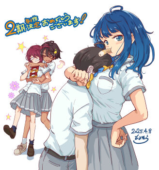&gt;_&lt; 1boy 3girls absurdres ahoge arm_around_neck asphyxiation assertive_female between_breasts black_hair blank_eyes blue_bow blue_bowtie blue_hair blush bow bowtie breast_smother breasts chikuwa churro clenched_teeth collared_shirt commentary dark-skinned_female dark_skin dated face_to_breasts femdom food food-themed_hair_ornament food_in_mouth grey_skirt hair_bobbles hair_ornament hand_on_own_hip head_between_breasts hetero highres hug hug_from_behind komari_chika large_breasts lemon_hair_ornament long_hair looking_at_viewer make_heroine_ga_oo_sugiru! multiple_girls nukumizu_kazuhiko one_side_up open_mouth pleated_skirt red_bow red_bowtie school_uniform shirt short_hair short_sleeves signature skirt standing summer_uniform teeth toyosora tsuwabuki_high_school_uniform white_shirt yakishio_lemon yanami_anna yellow_bow yellow_bowtie yuri