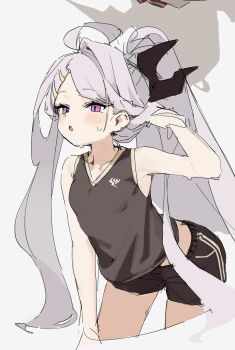 1girl absurdres ahoge black_shirt black_shorts blue_archive blush cropped_legs grey_hair hair_ornament hairclip halo highres hina_(blue_archive) horns loah_66 long_hair multiple_horns open_mouth ponytail purple_eyes shirt shorts simple_background sketch sleeveless sleeveless_shirt solo sportswear sweat very_long_hair white_background