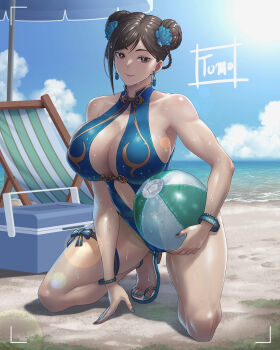 1girl absurdres artist_name ball bare_legs bare_shoulders beach beach_chair beach_umbrella beachball blue_nails blue_one-piece_swimsuit blue_sky breasts brown_eyes brown_hair capcom casual_one-piece_swimsuit center_opening chun-li cleavage cloud commentary_request cooler day double_bun flower full_body hair_bun hair_flower hair_ornament highres holding holding_ball large_breasts looking_at_viewer midriff nail_polish navel ocean official_alternate_costume one-piece_swimsuit outdoors sand sandals shiny_skin sky solo squatting street_fighter street_fighter_6 swimsuit thighs toenail_polish toenails toes tomo_eokaiteru umbrella