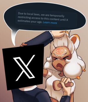 &gt;_&lt; 1girl 1other animal_ears brown_background closed_eyes commentary d: dark-skinned_female dark_skin dx english_commentary english_text forehead_writing formal_clothes grabbing_another&#039;s_hair held_up holding holding_another&#039;s_hair long_sleeves mole mole_under_eye nightage object_head open_mouth original screenshot_inset shirt short_sleeves speech_bubble stamp_mark suit twitter due_to_local_laws twitter_x_logo upper_body v-shaped_eyebrows white_hair white_shirt