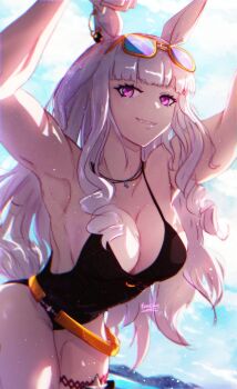 1girl animal_ears bare_shoulders black_one-piece_swimsuit blue_sky blunt_bangs breasts casual_one-piece_swimsuit cleavage commentary english_commentary eyewear_on_head gold_ship_(run_revolt_launcher)_(umamusume) gold_ship_(umamusume) grey_hair highres horse_ears horse_girl horse_tail jewelry large_breasts long_hair looking_at_viewer official_alternate_costume one-piece_swimsuit outdoors purple-tinted_eyewear purple_eyes rideth_mochi sky smile solo sunglasses swimsuit tail tinted_eyewear umamusume yellow-framed_eyewear