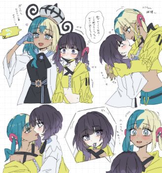 2girls :d arm_around_shoulder bandeau belt belt_buckle black_dress black_hair blonde_hair blue_eyes blue_gloves blue_hair buckle canari_(pokemon) canari_(pokemon)_(cosplay) closed_mouth coat commentary_request cosplay costume_switch cropped_jacket dark-skinned_female dark_skin dress eyelashes french_kiss gen_4_pokemon gloves gradient_hair grid_background gwynn_(pokemon) gwynn_(pokemon)_(cosplay) hair_down hat heart highres hug jacket kiss long_sleeves looking_at_another mask mask_pull midriff mouth_mask multicolored_hair multiple_girls multiple_views nintendo o-ring o-ring_belt open_clothes open_coat open_mouth partially_fingerless_gloves pokemon pokemon_legends:_z-a purple_eyes purple_hair rotom rotom_phone sakizome short_hair single_tear smile speech_bubble split-color_hair sweat thought_bubble translation_request twintails upper_body white_coat yellow_bandeau yellow_jacket yuri
