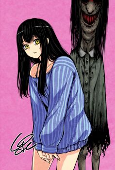 1girl bare_shoulders black_bra black_hair bra bra_strap colored_teeth creature dress grey_dress highres izumi_(toubun_kata) long_hair long_sleeves mieruko-chan off-shoulder_dress off_shoulder pink_background red_teeth signature simple_background smile striped_clothes striped_dress torn_clothes underwear vertical-striped_clothes vertical-striped_dress yellow_eyes yotsuya_miko