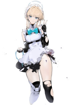 1girl absurdres apron black_thighhighs blonde_hair blue_archive blue_bow blue_bowtie blue_eyes blue_halo blue_ribbon boots bow bowtie braid chest_harness commentary_request cropped_legs earpiece elbow_gloves expressionless fingerless_gloves frilled_apron frills gloves hair_ribbon halo harness high_heel_boots high_heels highres knee_boots koio maid_headdress ribbon simple_background single_knee_boot solo thighhighs toki_(blue_archive) torn_clothes v white_apron white_background