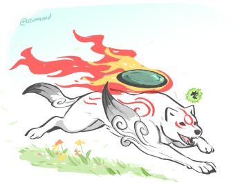 Rule 34 | amaterasu (ookami), animal focus, atomaru, fire, full body, issun, markings, no humans, ookami (game), running, simple background, solo, twitter username, white background, white wolf