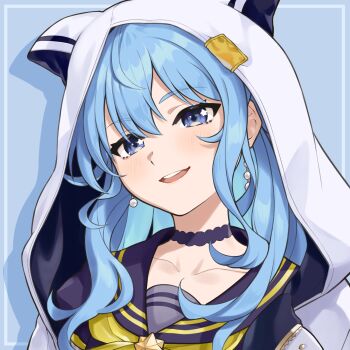 1girl animal_hood black_choker black_sailor_collar black_shirt blue_background blue_eyes blue_hair blush border bow bowtie cat_hood choker colored_inner_hair double-parted_bangs drop_shadow earrings hair_between_eyes highres hololive hood hood_up hooded_jacket hoshimachi_suisei hoshimachi_suisei_(sailor) jacket jewelry long_hair looking_at_viewer multicolored_hair official_alternate_costume official_alternate_hair_length official_alternate_hairstyle rena_sakuma sailor_collar school_uniform shirt sidelocks smile solo star_(symbol) star_in_eye symbol_in_eye teeth upper_teeth_only virtual_youtuber white_jacket yellow_bow yellow_bowtie