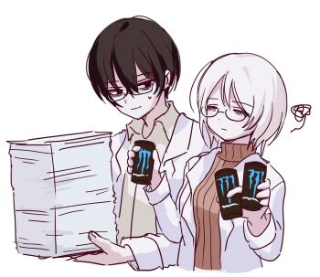 1boy 1girl 42x42x564 alternate_costume black_hair brown_sweater can coat collared_shirt drink exhausted faust_(project_moon) glasses highres holding holding_can holding_paper limbus_company looking_at_another monster_energy paper paper_stack project_moon shirt short_hair simple_background squiggle standing sweatdrop sweater turtleneck turtleneck_sweater white_background white_coat white_hair white_shirt yi_sang_(project_moon)