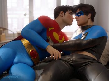 2boys appas artist_name bara batman_(series) black_bodysuit black_hair blue_bodysuit bodysuit bulge cape closed_mouth dc_comics dick_grayson domino_mask erection erection_under_clothes eye_mask gumroad_username instagram_username jonathan_kent large_pectorals looking_at_another male_focus mask multicolored_bodysuit multiple_boys muscular muscular_male nightwing patreon_username pectorals red_cape short_hair superboy superman_(series) thick_thighs thighs twitter_username two-tone_bodysuit yaoi