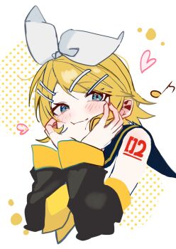 1girl :t bare_shoulders black_sailor_collar black_sleeves blonde_hair blue_eyes blush bow cheek_squash commentary_request detached_sleeves eighth_note eyelashes hair_bow hair_ornament hairclip heart highres inubangarou kagamine_rin looking_at_viewer musical_note neckerchief number_tattoo sailor_collar shirt short_hair sleeveless sleeveless_shirt smile solo swept_bangs tattoo upper_body vocaloid white_bow yellow_neckerchief