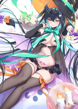 1girl aeon_ion aqua_hair bare_shoulders black_hair breasts bubble cleavage colored_inner_hair demon_girl demon_horns demon_tail demon_wings goddess_of_victory:_nikke hair_intakes halloween hat heart heart_tattoo highres horns little_mermaid_(nikke) long_hair looking_at_viewer low_wings medium_breasts multicolored_hair pubic_tattoo skull smile tail tattoo thighhighs twintails very_long_hair wings witch_hat yellow_eyes