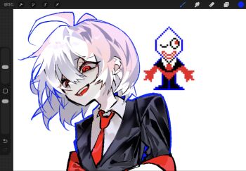 Rule 34 | 1other, 7szndc, ambiguous gender, collared shirt, deltarune, hashtag-only commentary, highres, neckerchief, open mouth, personification, pippins (deltarune), procreate (medium), procreate (software), red eyes, red neckerchief, request inset, shirt, short hair, smile, utdr (toby fox), white background, white hair