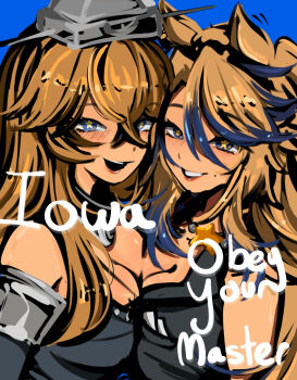 2girls animal_ears blonde_hair blue_background blue_eyes breasts character_name cleavage commentary_request h2no-mail highres horse_ears horse_girl iowa_(kancolle) kantai_collection looking_at_viewer mole mole_under_mouth multicolored_hair multiple_girls obey_your_master_(umamusume) star-shaped_pupils star_(symbol) symbol-shaped_pupils trait_connection two-tone_hair umamusume umamusume:_cinderella_gray upper_body