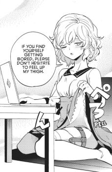 1girl blush breasts clothes_lift computer dress highres iwanaga_kotoko kyokou_suiri laptop official_art short_hair small_breasts table thighhighs thighs