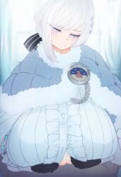 1boy 1girl akershus_fortress_(oshiro_project) animated black_gloves black_ribbon blouse blue_capelet blue_eyes blue_shirt breasts capelet expressionless frilled_shirt frills fur_capelet futeiki_kaisai_shin_corner gloves grabbing_own_breast hair_ribbon hetero huge_breasts long_sleeves looking_down looping_animation lowres medium_hair open_clothes open_shirt oshiro_project:re paizuri paizuri_under_clothes pov pov_crotch ribbon shirt solo_focus sound tagme upper_body video white_fur white_hair