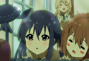 :3 :o black_hair blonde_hair blush_stickers brown_hair closed_eyes collared_shirt commentary_request dot_nose hirasawa_yui k-on! kasuokasuto kotobuki_tsumugi long_hair medium_hair nakano_azusa neck_ribbon pet ribbon school_uniform shirt sweater_vest thick_eyebrows ton-chan turtle twintails