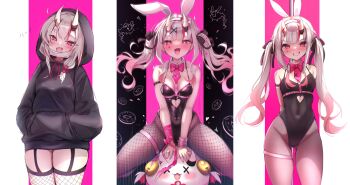 absurdres alternate_costume blush breasts clothing_cutout cosplay donut fang fishnets food garter_straps gradient_hair hair_ornament hands_on_pockets hatsune_miku heart heart-shaped_pupils heart_cutout highres hololive hood hoodie horns long_hair mask medium_breasts multicolored_hair nakiri_ayame necktie oni open_mouth pink_background pink_hair playboy_bunny polearm poyoyo_(nakiri_ayame) pure_pure_(rabbit_hole) rabbit_hole_(vocaloid) red_eyes sitting smile symbol-shaped_pupils teardrop_facial_mark teeth terra_bose twintails virtual_youtuber vocaloid weapon white_hair x_hair_ornament