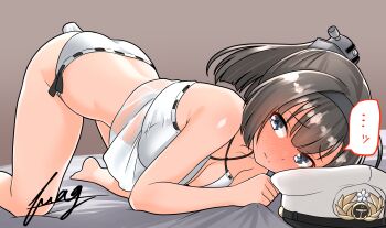 1girl akizuki_(kancolle) akizuki_(swimsuit)_(kancolle) all_fours bikini black_hair black_headband blush commentary_request full-face_blush furaggu_(frag_0416) grey_eyes hachimaki hat headband headgear highres kantai_collection long_hair looking_at_viewer masturbation on_bed ponytail sex_toy signature solo swimsuit unworn_hat unworn_headwear vibrator vibrator_under_swimsuit white_bikini