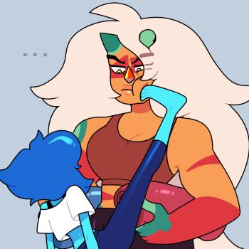 ... :t alternate_costume barefoot breasts broken_horn casual colored_skin discount-supervillain foot_on_another&#039;s_face gem gem_(steven_universe) green_horns high_kick highres horns jasper_(post-corruption)_(steven_universe) jasper_(species)_(steven_universe) jasper_(steven_universe) kicking lapis_lazuli_(steven_universe) long_hair multiple_girls muscular muscular_female orange_skin spots standing standing_on_one_leg steven_universe steven_universe:_future steven_universe_future striped_skin thick_lips very_long_hair white_hair yellow_eyes