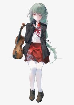 Rule 34 | 1girl, absurdres, alternate costume, alternate hairstyle, black gloves, black jacket, brown shoes, commentary, gloves, grey background, grey eyes, grey hair, hand up, heterochromia, highres, instrument, jacket, long hair, looking at viewer, multicolored hair, pantyhose, parted lips, phrolova (wuthering waves), red eyes, red ribbon, red sailor collar, red skirt, ribbon, sailor collar, school uniform, shigureszku, shirt, shoes, simple background, sitting, skirt, solo, streaked hair, violin, white pantyhose, white shirt, wuthering waves