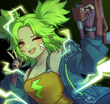 ;d ahoge bandaid bandaid_on_face blue_jacket breasts brown_gloves dark_background electricity electrokinesis fingerless_gloves gloves green_hair gun hand_up highres holding holding_gun holding_weapon jacket league_of_legends lightning_bolt_symbol medium_breasts nhom_(woogi) one_eye_closed open_clothes open_jacket open_mouth parted_bangs smile tank_top twintails w weapon yellow_eyes yellow_tank_top zeri_(league_of_legends)