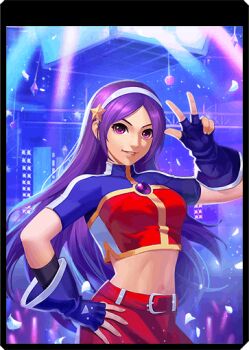 1girl asamiya_athena breasts dress female_focus gloves hairband jewelry large_breasts long_hair looking_at_viewer pale_skin purple_eyes purple_hair scenery skirt stage standing star_(symbol) the_king_of_fighters wide_hips