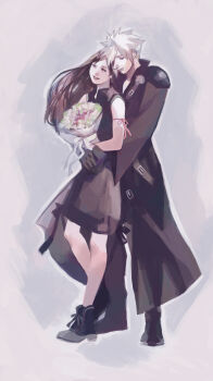 1boy 1girl absurdres apron arm_ribbon arms_around_waist birthday black_apron black_gloves black_hair black_shirt black_shorts black_vest blonde_hair bouquet closed_eyes closed_mouth cloud_strife commentary_request couple earrings fenrir_(final_fantasy) final_fantasy final_fantasy_vii final_fantasy_vii_advent_children flower full_body gloves highres holding holding_bouquet hug hug_from_behind jewelry long_hair parted_lips red_ribbon ribbon shirt short_hair shorts single_shoulder_pad single_sleeve sleeveless sleeveless_shirt smile spiked_hair standing tifa_lockhart tori_(labyrinth_fft) vest waist_apron