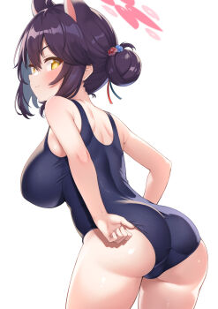 &gt;:) 1girl alternate_costume ass bare_arms bare_shoulders black_hair blue_archive blue_one-piece_swimsuit blush breasts closed_mouth cowboy_shot from_side hair_bun halo higher_resolution_available highres impossible_clothes impossible_swimsuit kaede_(blue_archive) large_breasts looking_at_viewer looking_to_the_side one-piece_swimsuit oppai_loli pink_halo school_swimsuit simple_background single_side_bun smile solo sonao swimsuit v-shaped_eyebrows white_background yellow_eyes