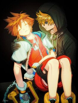 2boys artist_name black_gloves black_robe blonde_hair blue_eyes boots brown_hair carrying chain chain_necklace closed_eyes closed_mouth commentary cropped_jacket crown_necklace english_commentary feet_out_of_frame fingerless_gloves gloves hair_between_eyes highres holding holding_weapon hood hood_up hooded_jacket hooded_robe jacket jewelry keyblade kingdom_hearts kingdom_hearts_ii looking_at_another male_focus moomusapi multiple_boys necklace parted_lips princess_carry red_shirt red_shorts robe roxas shirt short_hair short_sleeves shorts sora_(kingdom_hearts) spiked_hair unconscious weapon white_gloves white_jacket yellow_boots