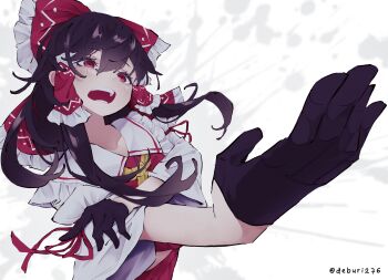 1girl absurdres ascot black_gloves blush bow brown_hair commentary deburi276 detached_sleeves english_commentary frilled_bow frilled_hair_tubes frills gloves hair_bow hair_tubes hakurei_reimu highres long_hair open_mouth red_bow red_eyes red_skirt skirt skirt_set solo teeth touhou twitter_username yellow_ascot