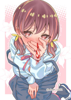 1girl artist_name black_skirt black_socks blood blood_on_hands blood_stain blush breasts brown_eyes brown_hair button_gap commentary_request cross-shaped_pupils double_strap_slip dress_shirt flower large_breasts lily_(flower) long_hair long_sleeves looking_at_viewer low_twintails minori_13101 multicolored_hair murosaki_miyo neck_ribbon nose_blush nosebleed onii-chan_wa_oshimai! open_mouth pink_background red_hair red_ribbon ribbon school_uniform shirt shoes simple_background skirt socks solo streaked_hair suspender_skirt suspenders symbol-shaped_pupils trembling twintails twitter_username two-tone_hair white_shirt