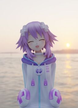 1girl 3d choker closed_eyes d-pad d-pad_hair_ornament flat_chest hair_ornament indoors jacket neptune_(neptunia) neptune_(series) open_mouth purple_hair resolution_mismatch short_hair smile solo source_larger sun sunlight water