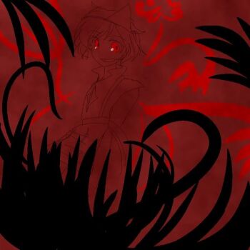 Rule 34 | 1other, androgynous, arms behind back, bad id, bad pixiv id, bare shoulders, collared dress, commentary request, cowboy shot, diamond print, dress, energy wings, flower, grass, high collar, image sample, jandare, japanese clothes, len'en, lineart, looking at viewer, open mouth, other focus, pixiv sample, print dress, red background, red eyes, red theme, shion (len'en), short hair, smile, solo, triangular headpiece