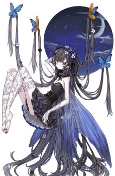 0721mikoko 1girl arm_behind_head black_corset black_dress black_hair blue_eyes blue_hairband breasts bug butterfly butterfly_wings cleavage closed_mouth commentary corset crescent_moon cross-shaped_pupils dress expressionless eyebrows_hidden_by_hair from_side full_body hairband hanging highres insect insect_wings long_hair looking_at_viewer medium_breasts moon nail_polish original oversized_wings solo strapless strapless_dress symbol-shaped_pupils toenail_polish toenails very_long_hair wings