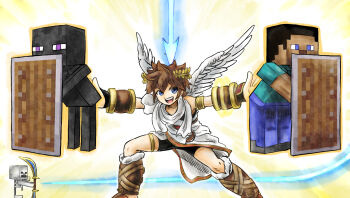 angel angel_wings arrow_(projectile) bike_shorts blue_eyes bow_(weapon) brown_hair enderman green_shirt holding holding_bow_(weapon) holding_weapon kicdon kid_icarus kid_icarus_uprising laurel_crown male_focus minecraft minecraft_shield nintendo pit_(kid_icarus) shield shirt skeleton_(minecraft) steve_(minecraft) super_smash_bros. weapon wings