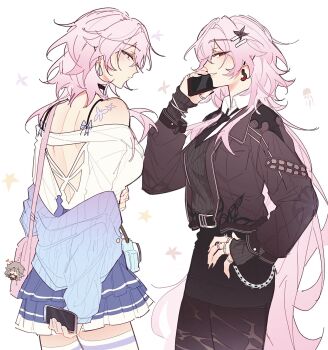 2girls back black_jacket blue_eyes bug butterfly butterfly_tattoo evernight_(honkai:_star_rail) highres honkai:_star_rail honkai_(series) insect jacket jewelry leggings march_7th_(honkai:_star_rail) multiple_girls multiple_rings pink_hair red_eyes riejiu ring shoulder_tattoo stelle_(honkai:_star_rail) sweater tattoo torn_clothes torn_leggings trailblazer_(honkai:_star_rail) white_background