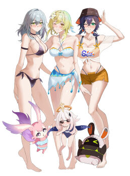 &gt;_&lt; 3girls arm_strap bare_shoulders barefoot belle_(summer_skies)_(zenless_zone_zero) belle_(zenless_zone_zero) bikini black_choker black_hat blonde_hair blue_hair breasts choker cleavage commentary_request company_connection eous_(zenless_zone_zero) female_focus genshin_impact green_eyes grey_hair hat higashiwun_izumi highres honkai:_star_rail honkai_(series) long_hair looking_at_viewer lumine_(genshin_impact) lumine_(hot_springs)_(genshin_impact) medium_breasts mem_(honkai:_star_rail) mihoyo multiple_girls navel off-shoulder_shirt off_shoulder orange_shorts paimon_(genshin_impact) sarong see-through_clothes see-through_shirt shirt short_hair short_shorts short_sleeves shorts simple_background standing stelle_(honkai:_star_rail) stomach sunglasses swimsuit thighs tied_shirt trailblazer_(honkai:_star_rail) white_background white_bikini white_hair white_shirt yellow_eyes zenless_zone_zero