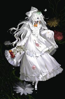 Rule 34 | 1girl, absurdres, apron, black background, black shoes, blue eyes, bow, bug, closed mouth, dress, eyepatch, flower, flower eyepatch, frilled apron, frilled dress, frilled skirt, frills, full body, hair bow, hair ornament, highres, insect, japanese clothes, kimono, leaf, leaf hair ornament, leaf on head, long hair, long sleeves, mary janes, moth, orange flower, orange kimono, orange rose, original, pantyhose, pink flower, pink rose, red flower, red rose, rose, shoes, skirt, sleeves past fingers, sleeves past wrists, smile, solo, tareme, tassel, very long hair, vihua6, white apron, white bow, white flower, white hair, white pantyhose, white skirt