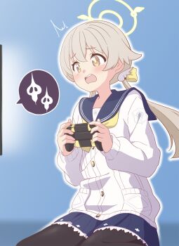 1girl ^^^ black_pantyhose blonde_hair blue_archive blue_background blue_sailor_collar blue_skirt bow bright_pupils brown_eyes buttons cardigan commentary_request controller frilled_skirt frills furrowed_brow game_controller hair_between_eyes hair_bow hair_ornament halo hifumi_(blue_archive) highres holding holding_controller holding_game_controller kyousuke_(orcein) light_blush long_sleeves looking_at_screen low_twintails open_mouth outline pantyhose puffy_long_sleeves puffy_sleeves sailor_collar seiza sitting skirt solo speech_bubble tareme tearing_up teeth twintails upper_teeth_only wavy_eyes white_cardigan white_outline wing_hair_ornament yellow_bow yellow_halo