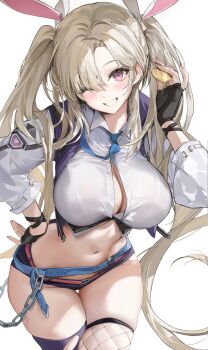 1girl absurdres animal_ears asymmetrical_legwear belt black_gloves black_shorts black_thighhighs blonde_hair blue_necktie breasts button_gap character_request cleavage coin collared_shirt commentary crop_top cropped_jacket fake_animal_ears fingerless_gloves fishnet_thighhighs fishnets gloves grin hair_ribbon hand_on_own_hip highres holding holding_coin jacket large_breasts long_hair long_sleeves looking_at_viewer micro_shorts midriff mo:oku navel necktie one_eye_closed open_clothes open_jacket parted_bangs pink_eyes purple_jacket rabbit_ears ribbon shirt shorts skindentation smile solo star_savior stomach symbol-only_commentary thigh_gap thighhighs thighs torn_clothes torn_thighhighs twintails very_long_hair white_shirt
